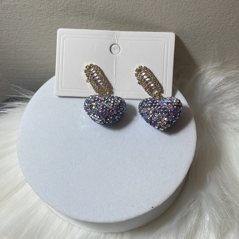 Purple Heart Rhinestone Drop Earrings - Picture 9 of 12